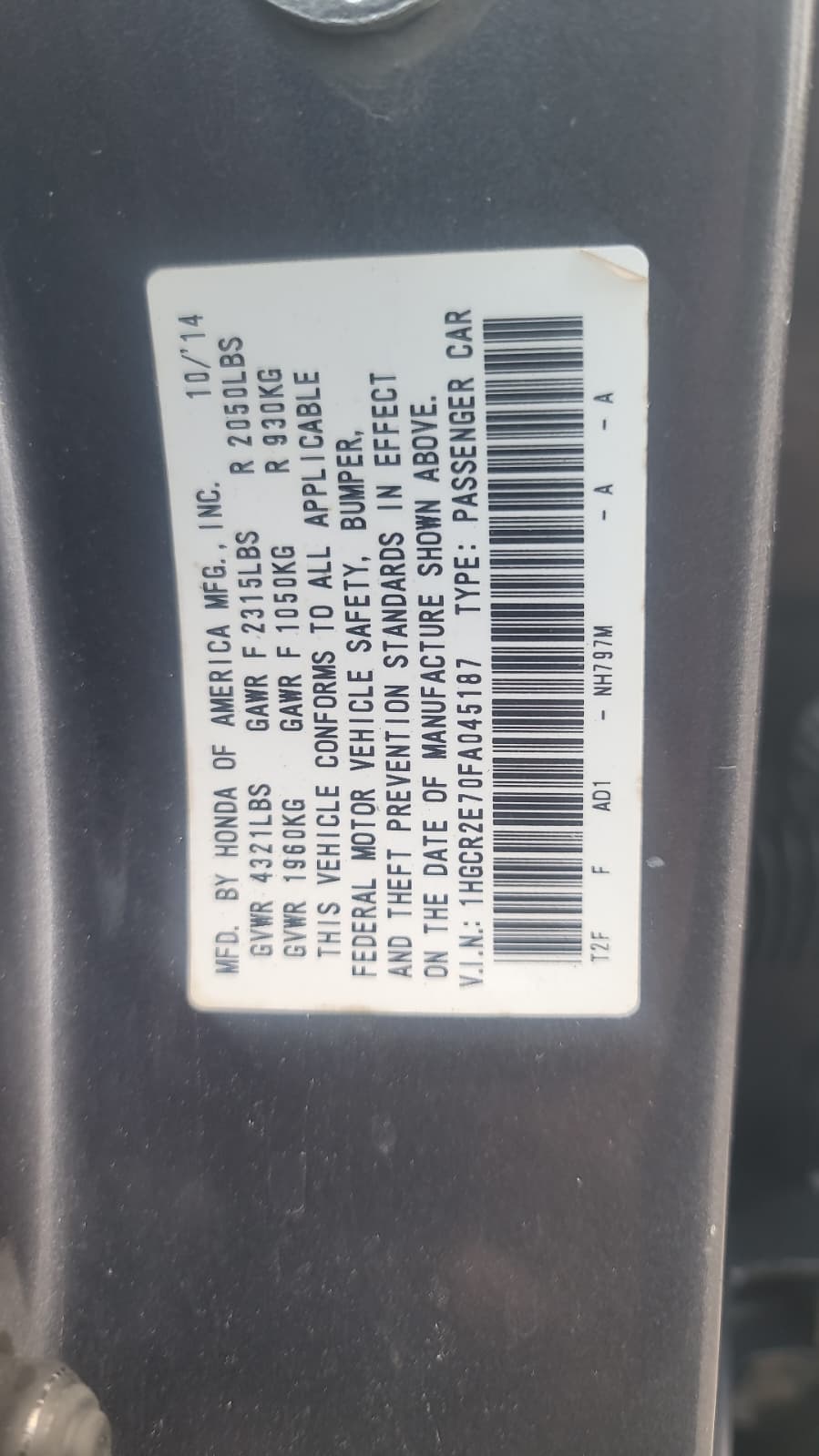 2015 HONDA ACCORD EX